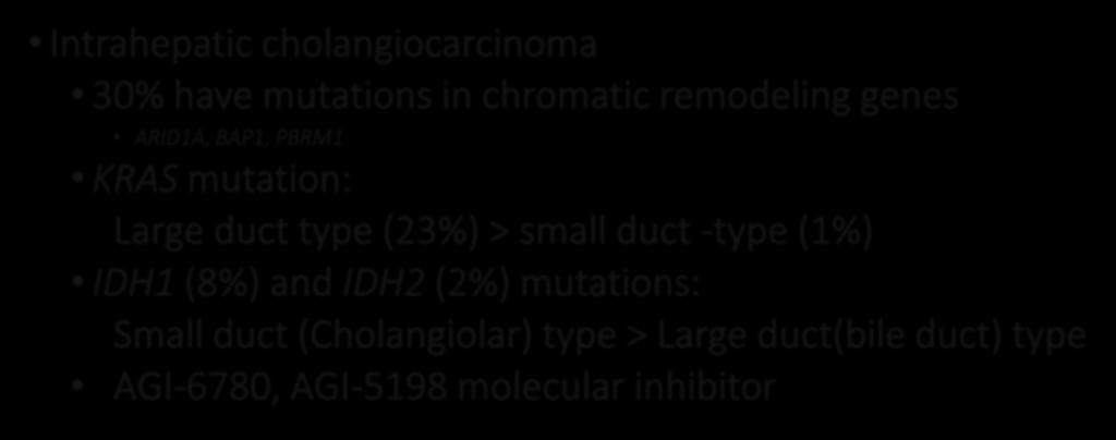 Cholangiocarcinoma: Molecular Alterations Intrahepatic cholangiocarcinoma 30% have mutations in chromatic remodeling genes ARID1A, BAP1, PBRM1 KRAS mutation: Large duct