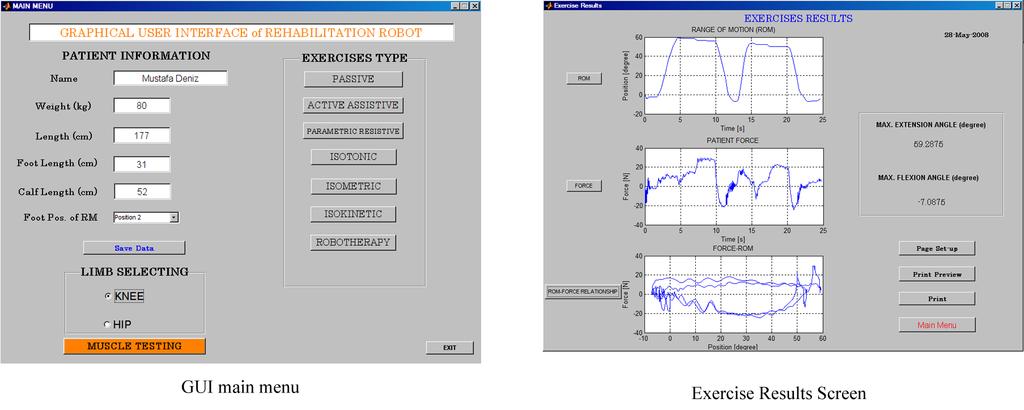 Figure 11. GUI main menu and exercise results screen ExPERIMENTAL RESULTS In the following some experimental results of the robotherapy modes including both direct and reactive therapy are shown.