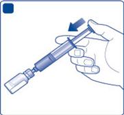 D F Remove the empty solvent vial by tipping the syringe with the vial adaptor. F G Click the vial adaptor, still attached to the syringe, onto the powder vial.