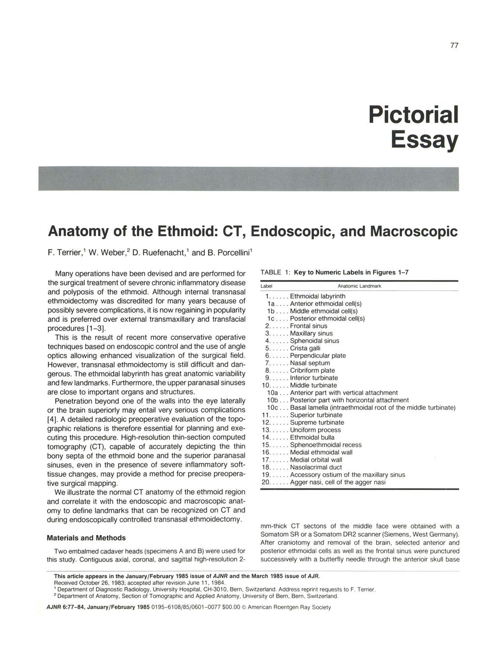 77 Pictorial Essay Anatomy of the Ethmoid: CT, Endoscopic, and Macroscopic F. Terrier,' W. Weber,2 D. Ruefenacht,' and B.