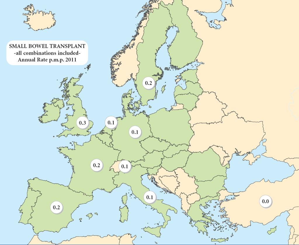 Map 1: Small bowel transplant per million population in 2011 Source: Council of Europe (2012). Transplant Newsletter.