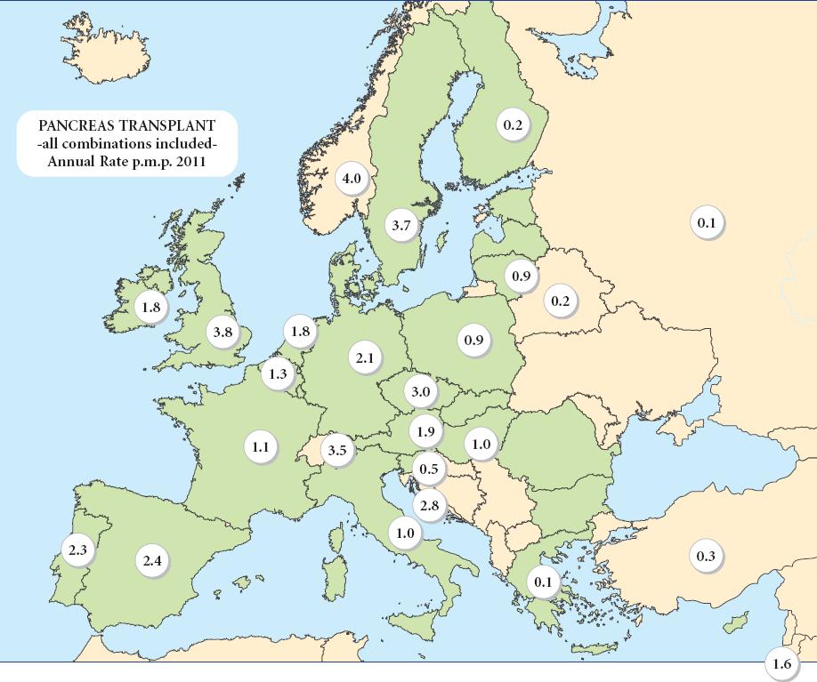 Year 2011 Strasbourg: Council of Europe Map 2: Pancreas transplant per million population in 2011 Source: Council of