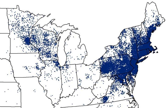Lyme Disease US Case Distribution: 18-year Trend 1996 2014 1 dot placed randomly within