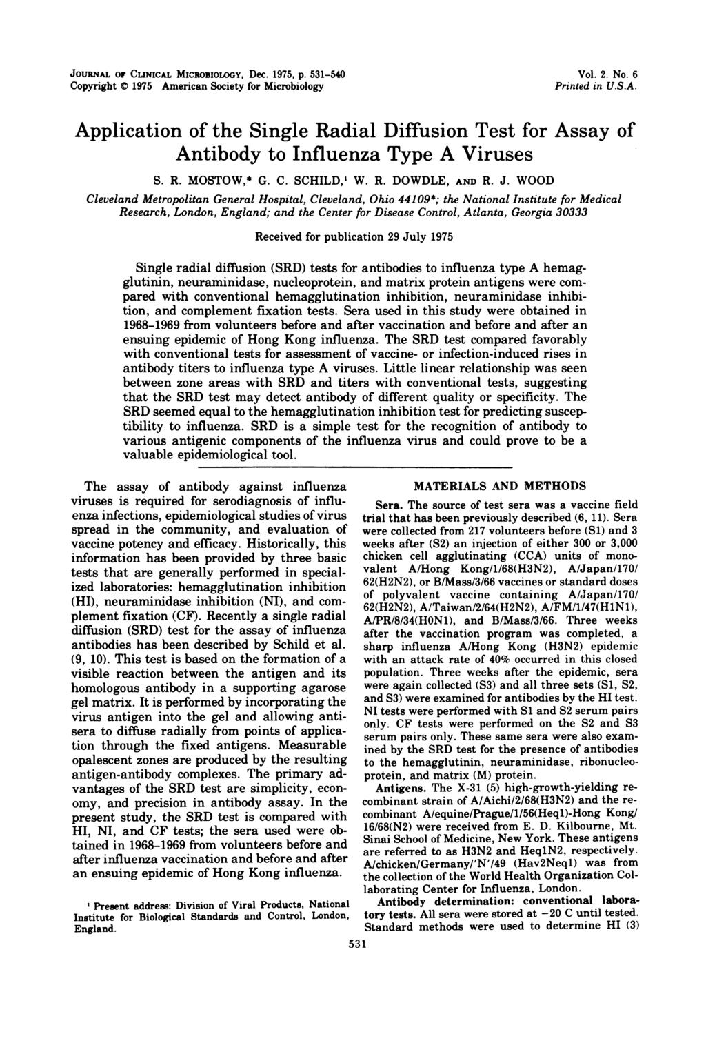 JOURNAL OF CUNICAL MICROBIOLOGY, Dec. 1975, p. 531-540 Copyright 1975 American Society for Microbiology Vol. 2. No. 6 Printed in U.S.A. Application of the Single Radial Diffusion Test for Assay of Antibody to Influenza Type A Viruses S.