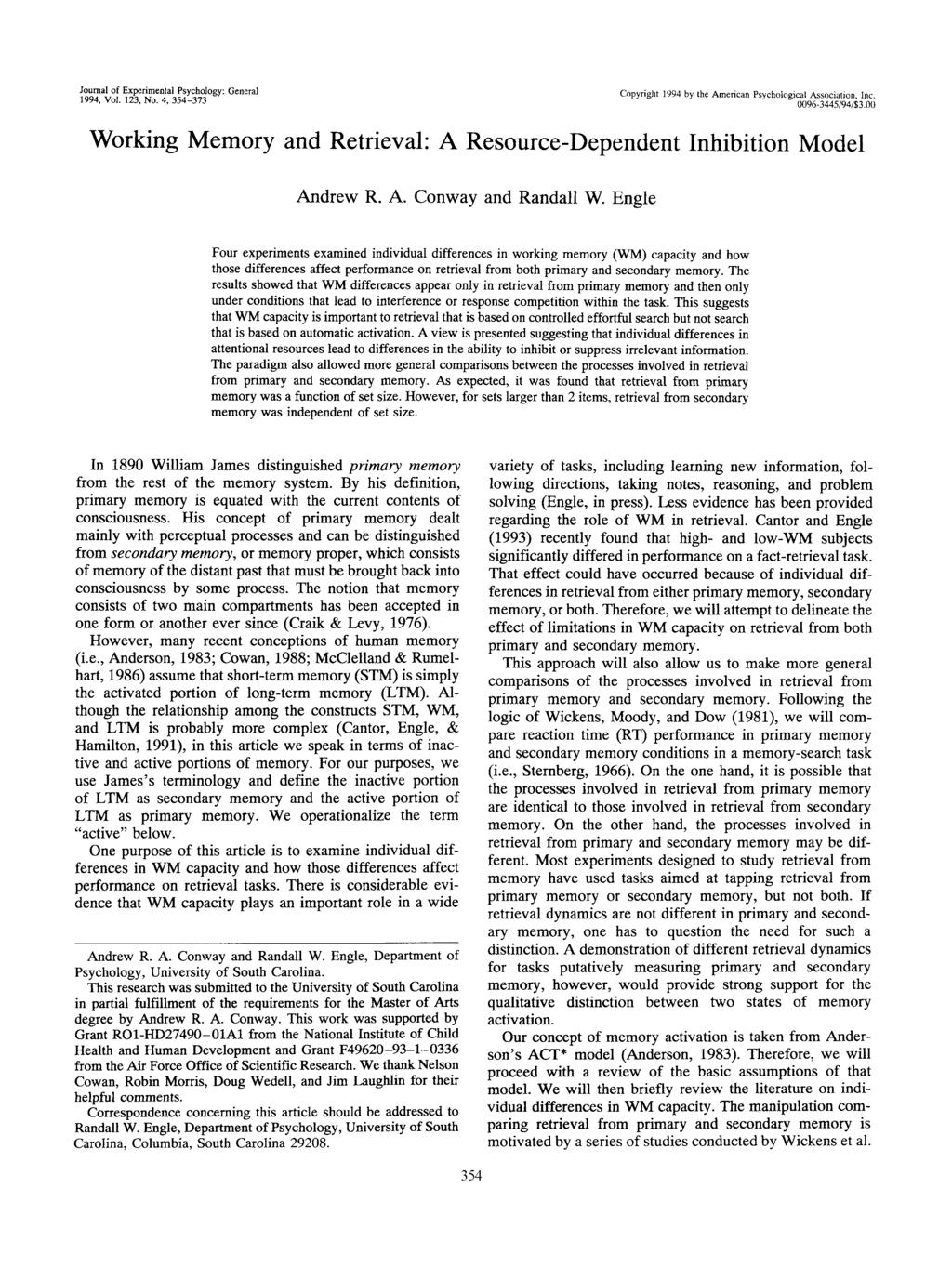 Journal of Experimental Psychology: General 1994, Vol. 123, No. 4, 354-373 Copyright 1994 by the American Psychological Association Inc 0096-3445/94/S3.