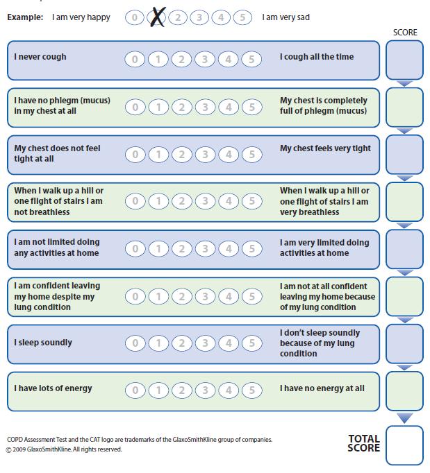 COPD Assessment Test (CAT) Patients read the two statements for each item, and decide where on the scale they fit Scores for each of the 8 items are summed to give
