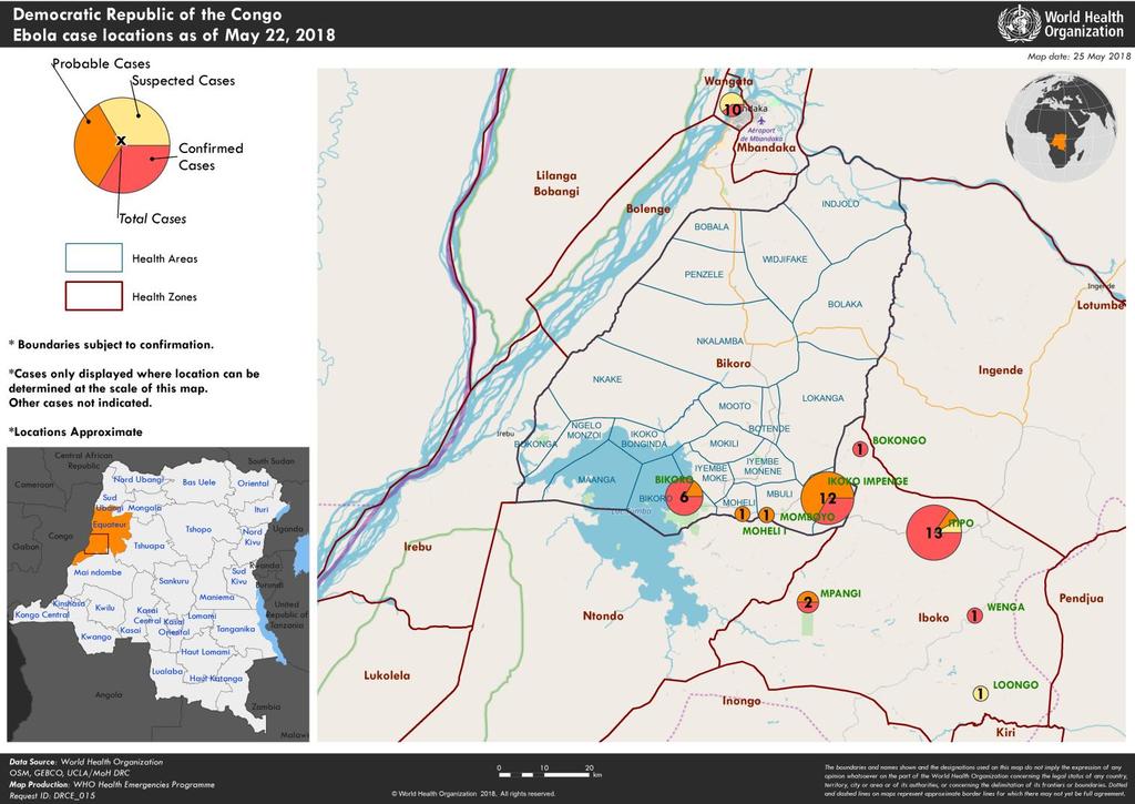 Figure 3: Geographical distribution of the Ebola virus disease cases in Equateur Province, Democratic Republic of the Congo, 22 May 2018 The province of Equateur covers an area of 130 442 km 2 and