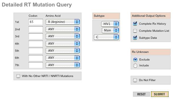 D. Detailed Mutation Queries 12 The figures below show an example of a Detailed Mutation query. The query form requests data from individuals with subtype C viruses with the NRTI mutation K65R.