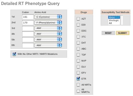 18 B. Detailed Phenotype Queries The query form allows users to specify (i) individual mutations or combinations of mutations, (ii) one or more ARVs, and (iii) one or more methods of susceptibility
