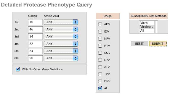 20 Sample Query #2: Mutations at positions 10 + 46 + 54 + 82 + 84 + 90, All PIs, and the PhenoSense Assay are selected.