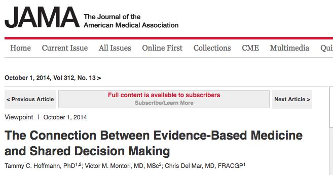 Shared decision making is the process of clinician and patient jointly