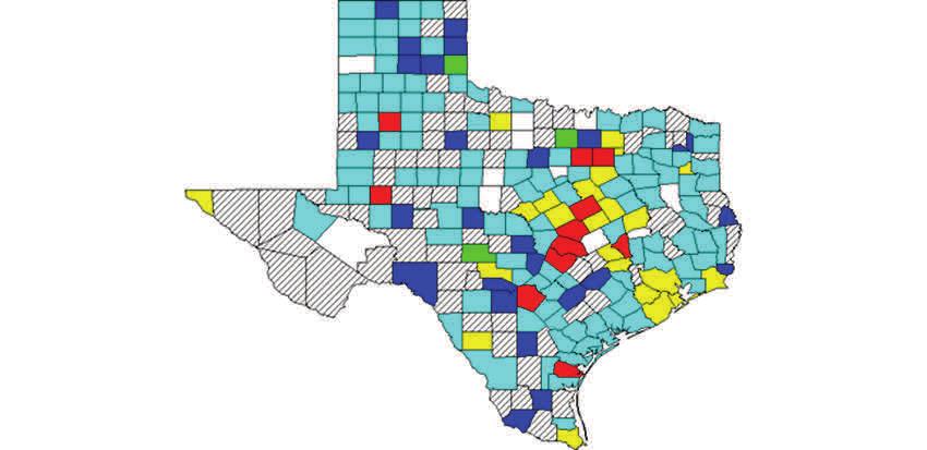 Texas and National Influenza and ILI Activity Map 2: Texas County Specific Influenza Activity, Influenza activity level corresponds to current MMWR week only and does not reflect previous weeks'