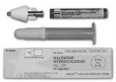 Administration of Naloxone Intrasal (IN) 1. Remove yellow caps at both ends of syringe and red cap from naloxone 2. Attach to Luer lock syringe and twist naloxone into barrel of syringe 3.