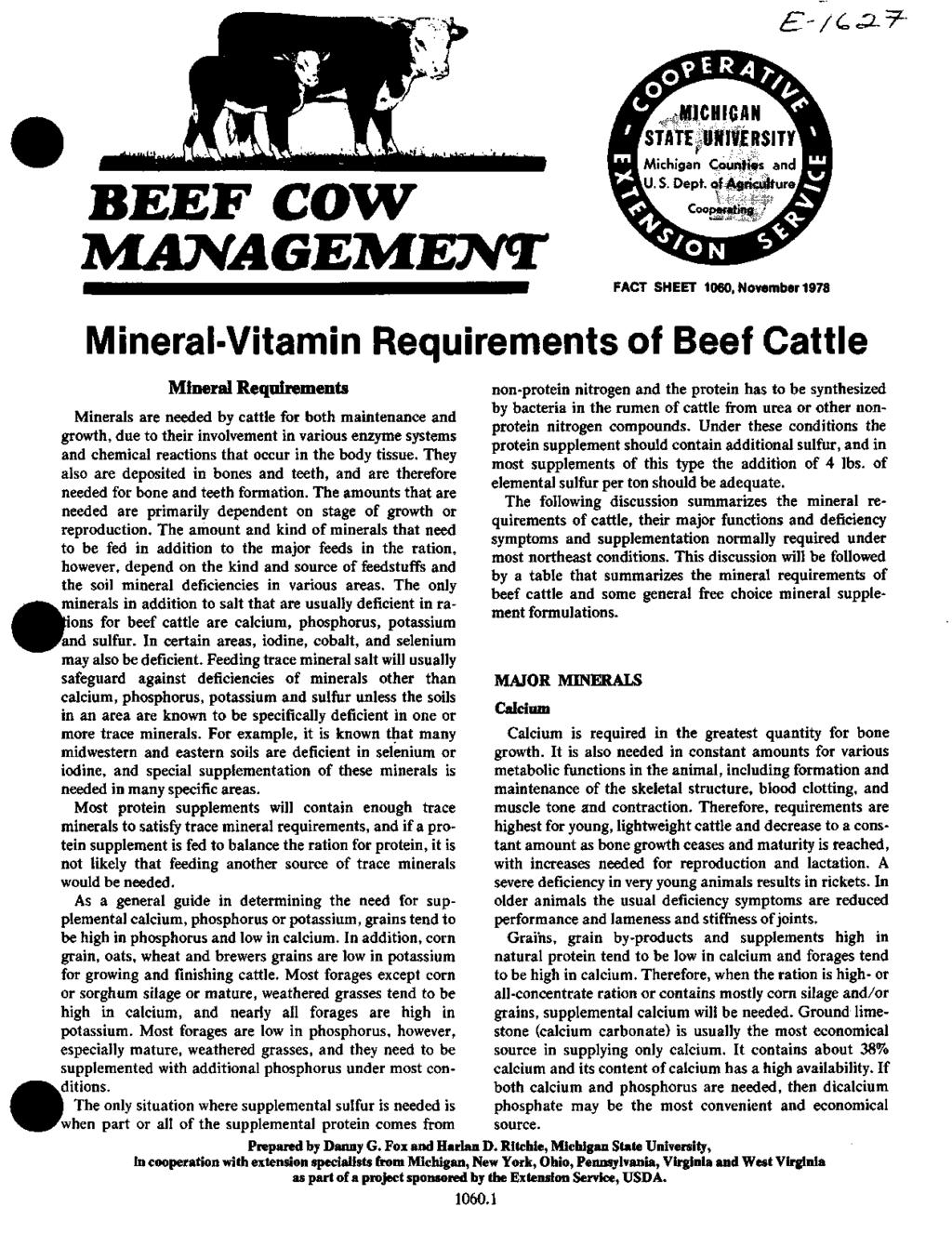 BEEF COW MANAGEMENT MICHIGAN STATE UMIVERSITY 1 Michigan Counties and. S. Dept.