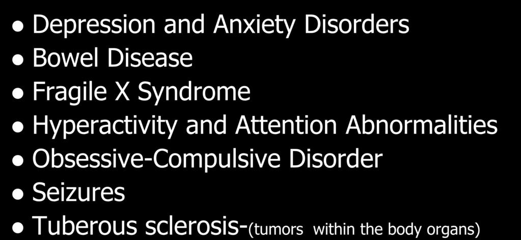 CO-MORBID CONDITIONS Depression and Anxiety Disorders Bowel Disease Fragile X Syndrome Hyperactivity and