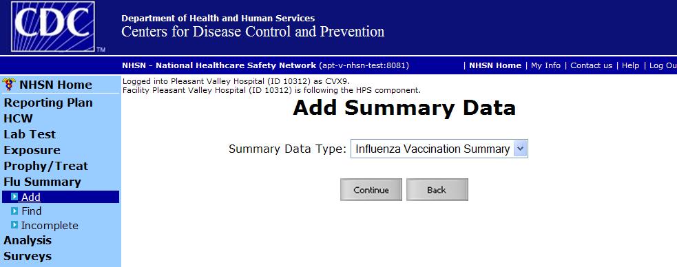 HCP Influenza Vaccination Summary Data Click Flu Summary then Add