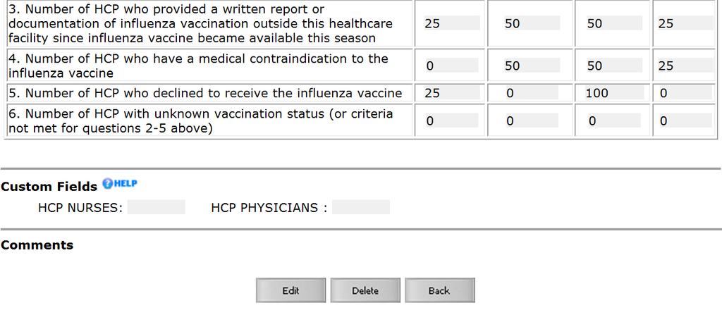 HCP Influenza Vaccination Summary Data Entry Screen: Custom Fields A message will appear at the top of the screen