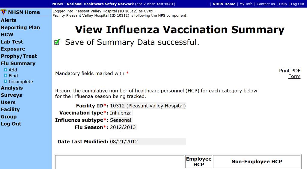 Saving HCP Influenza Vaccination Summary Data A message
