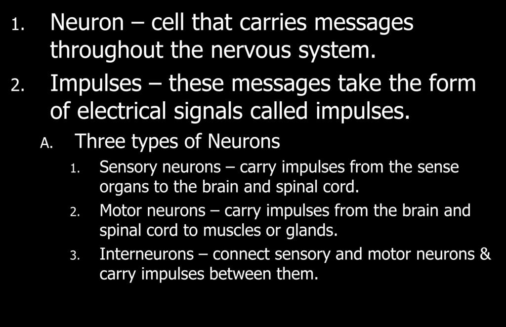 I. The Neuron 1. Neuron cell that carries messages throughout the nervous system. 2. Impulses these messages take the form of electrical signals called impulses. A. Three types of Neurons 1.