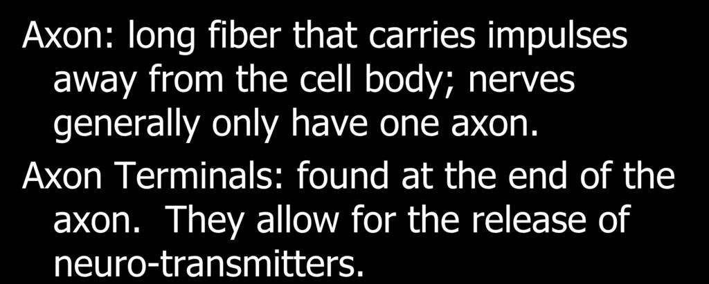 Axon: long fiber that carries impulses away from the cell body; nerves generally only have one