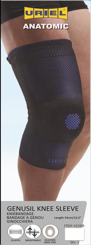 422EB- Genusil Knee Sleeve Elastic 3D-knit breathable fabric, padded with silicon cushion with lateral and medial supporting rods.