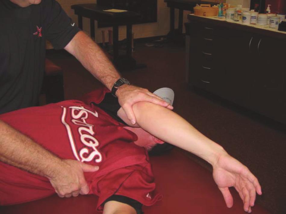 Stretch into internal rotation while blocking scapula rotation with your hand against the anterior gleno-humeral joint. In this position we do not allow the gleno-humeral joint to rotate forward.