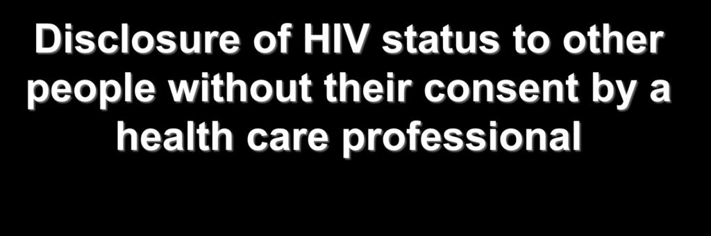 Disclosure of HIV status to other people without their consent by a health care professional 73% of the respondents indicated that their status was not disclosed without their consent