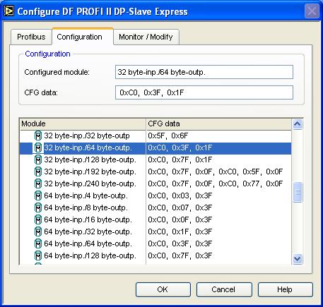 LabVIEW PROFIBUS VISA Driver Profibus DP-Slave Express VI The Configuration-Tab shows the supported slave modules.