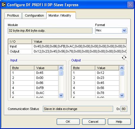 Profibus DP-Slave Express VI LabVIEW PROFIBUS VISA Driver The Monitor/Modify-Tab shows the input and output data as well as the communication status of the DP-Slave.
