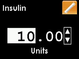 2. Press the UP or DOWN button to enter the insulin amount (0-250 units), and press the SELECT button.