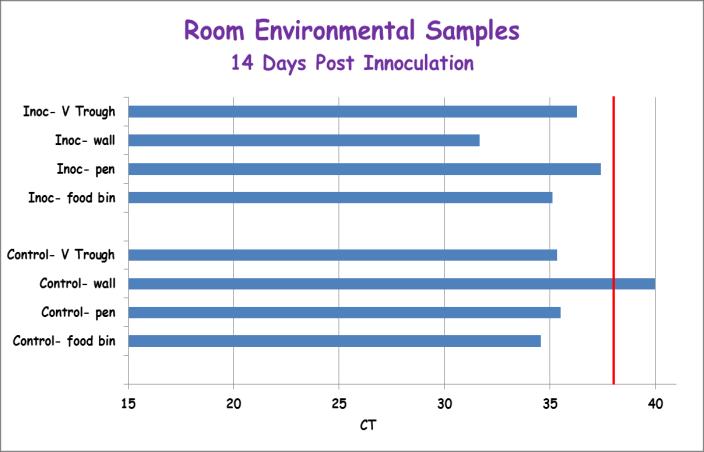 Oral Fluids from the pen housing Inoculated animals (Group A) and contact controls (Group B) were PCR positive at 48 hours post inoculation and remained positive until day 28 post inoculation.