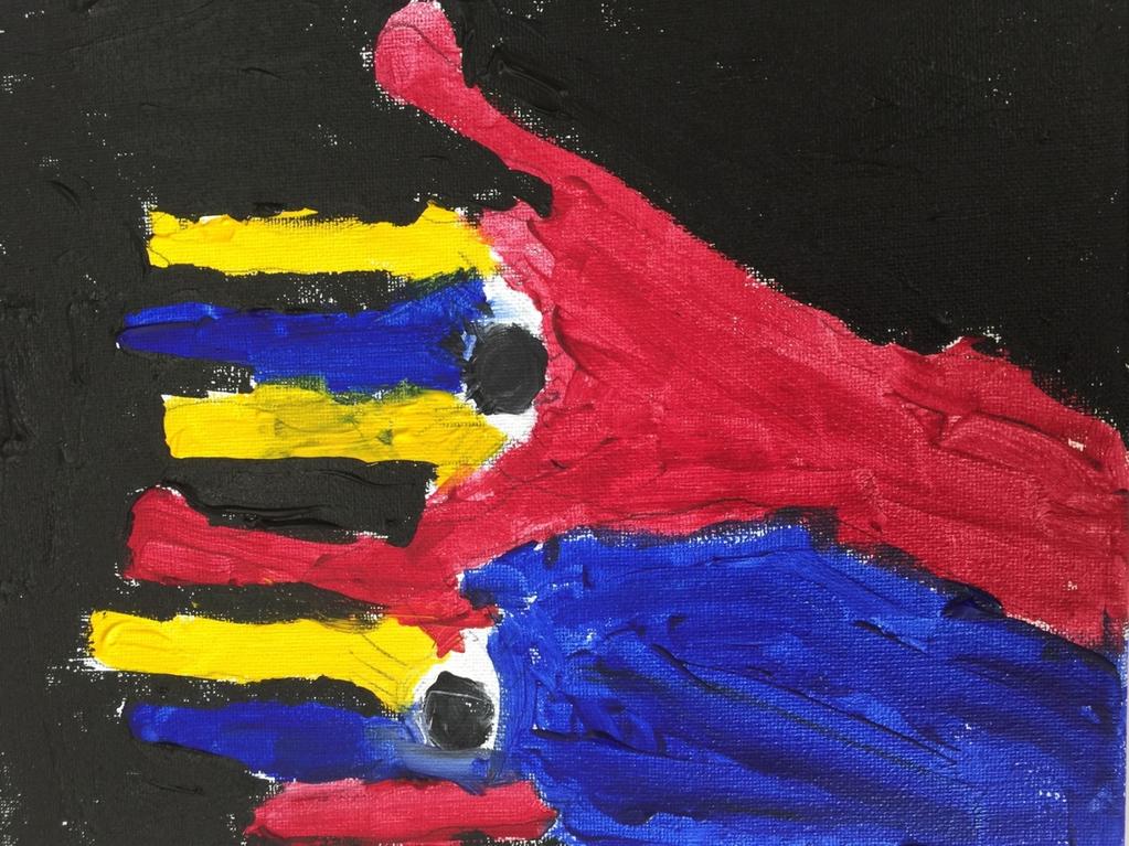 An elementary student painted this painting. It shows HANDEYE, which is a motif that means Deaf. This person uses sign language and relies on eyes for visual.