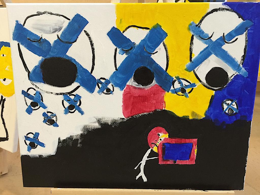 This painting is about her experience of being left-out and oppressed by her own family at home. The blue tape is a motif, which means oppression and mask of benevolence.