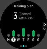 3. Press the lower right button to see additional information; training day, duration and intensity level (based on the heart rate zones, see 3.14. Intensity zones. 4.