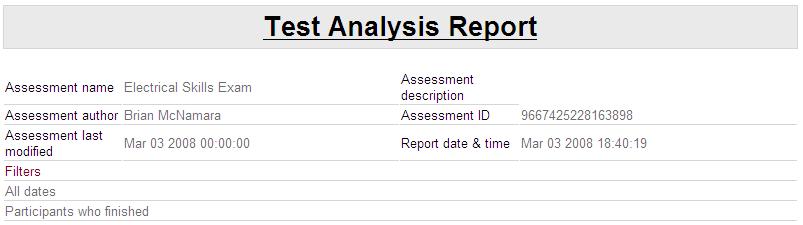 Using the Test Analysis Report Composed of several sections: Information section Table of test statistics Topic level statistical breakdown Frequency