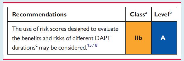 2017 ESC Focused Update on Dual Antiplatelet Therapy Use of risk scores as guidance for the duration of DAPT therapy None of these risk prediction models