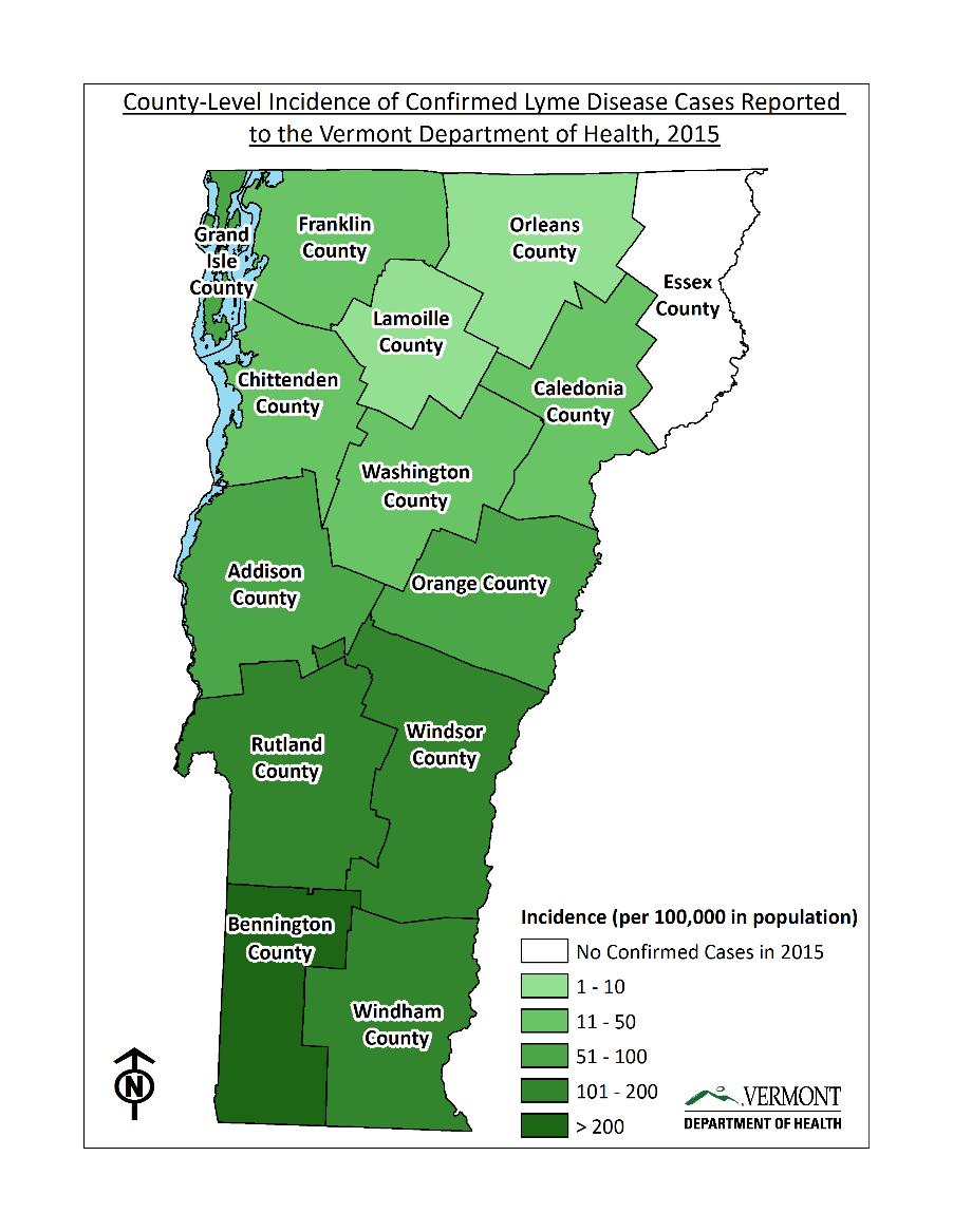 the most affected, with incidences reaching >100 per 100,000 people Cases of Lyme disease in Vermont are