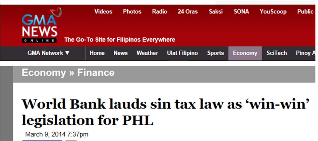 PHILIPPINES SIN TAX FUNDS UNIVERSAL HEALTH CARE Tobacco & Alcohol Excise ( Sin ) Tax,
