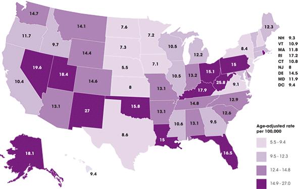 Drug overdose death rates by state per 100,000