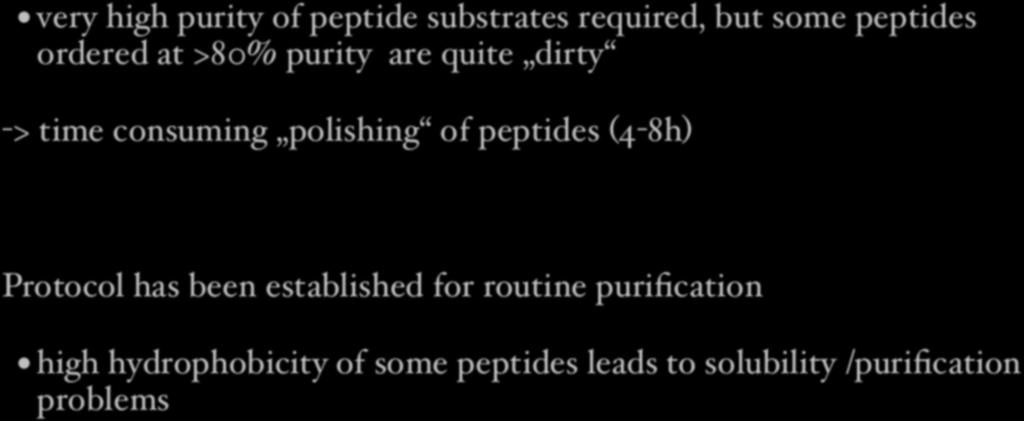 Peptide polishing: very high purity of peptide substrates required, but some peptides ordered at >80% purity are quite dirty -> time consuming polishing