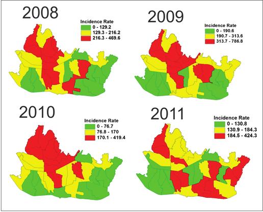 264 AMJ June, 2015 Figure 3 Mapping of DHF Incidence in Bandung during the Period of 2008 to 2011 Hospitals in Bandung. Data were processed using computer and Arc View Geographic Information System 3.