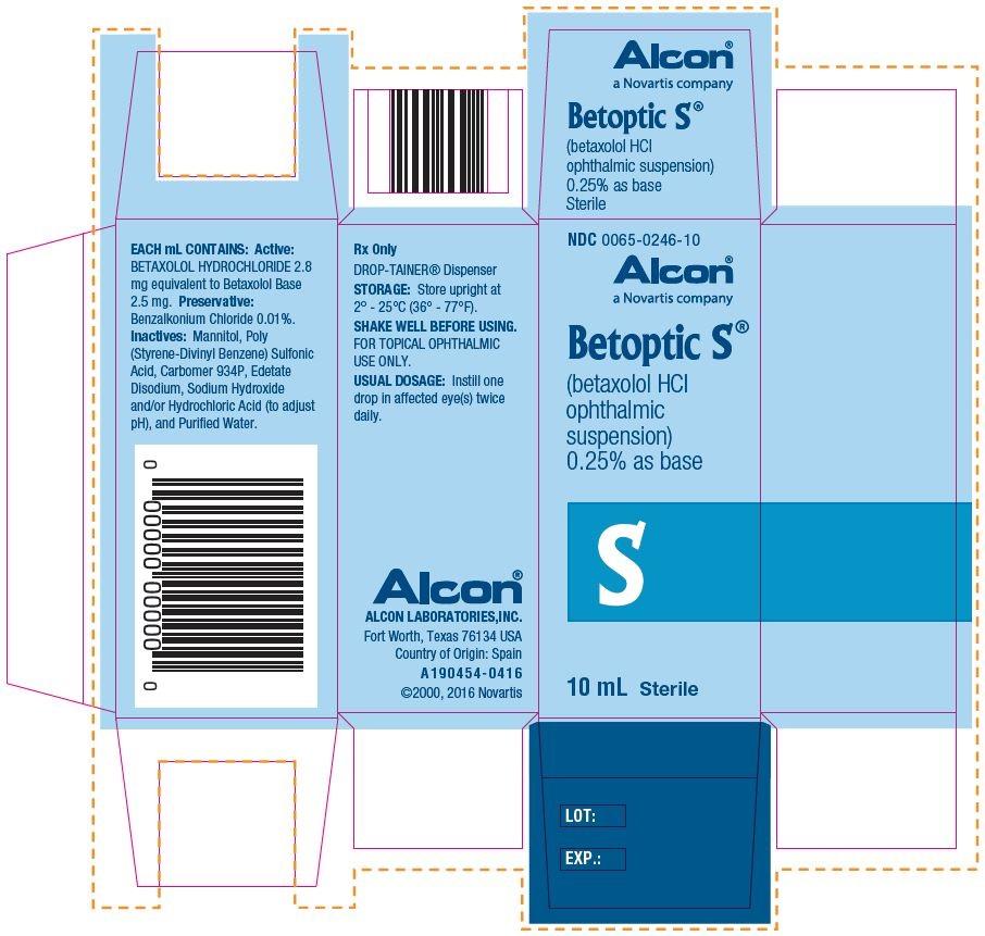 NDC 0065-0246-10 Alcon Betoptic S (betaxolol HCl ophthalmic suspension) 0.25% as base Sterile 10 ml Rx Only EACH ml CONTAINS: Active: BETAXOLOL HYDROCHLORIDE 2.
