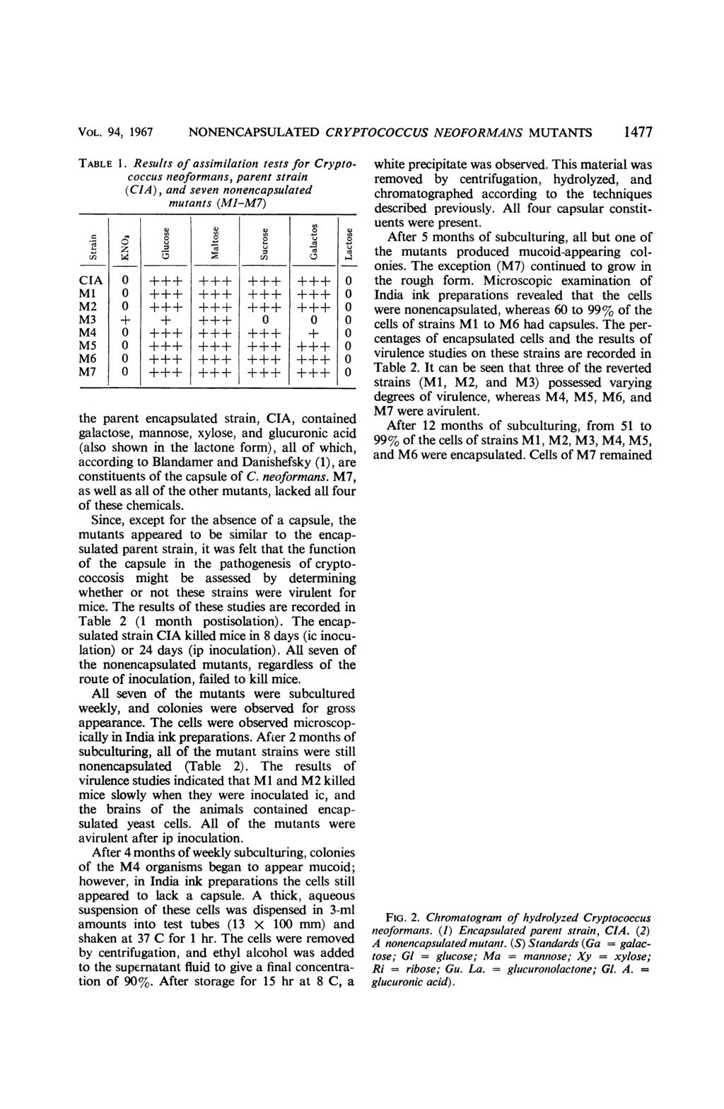 VOL. 94, 1967 NONENCAPSULATED CRYPTOCOCCUS NEOFORMANS MUTANTS 1477 TABLE 1.