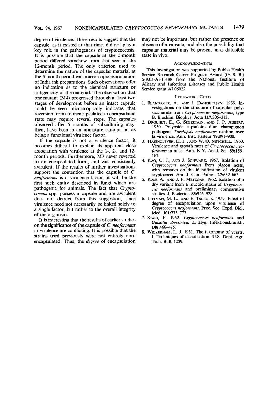 VOL. 94, 1967 NONENCAPSULATED CRYPTOCOCCUS NEOFORMANS MUTANTS 1479 degree of virulence.