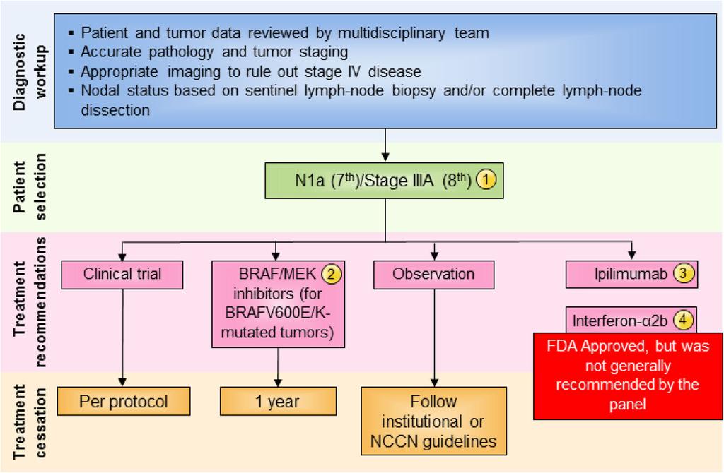 Sullivan et al. Journal for ImmunoTherapy of Cancer (2018) 6:44 Page 6 of 23 Fig. 2 Stage III N1a (7th)/Stage IIIA (8th) melanoma immunotherapy treatment algorithm.
