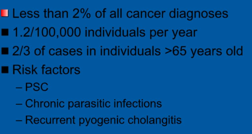 Cholangiocarcinoma Less than 2% of all cancer diagnoses 1.