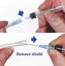 3) Push firmly to attach the needle to the syringe and carefully remove the shield.