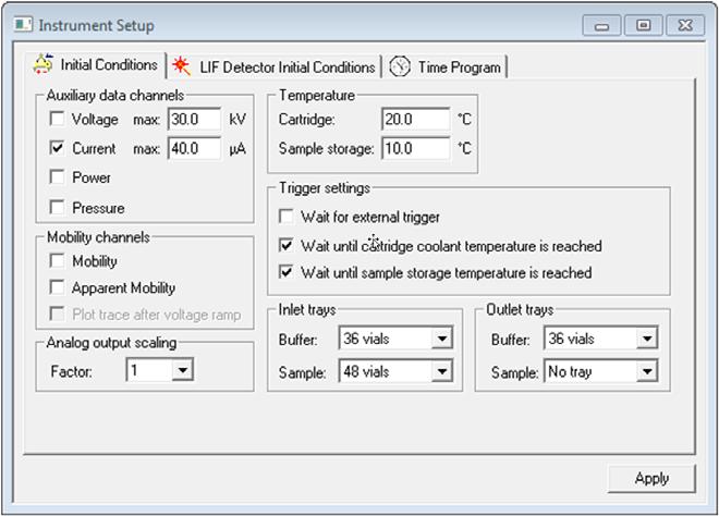 Kit Figure 9 Initial Condition Tab of the Instrument Setup Dialog LIF Detector Initial Conditions Table 5 Test Run: LIF Detector Initial Conditions
