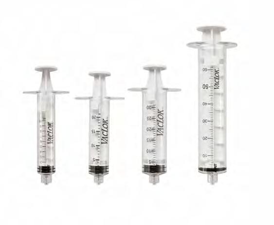 VACLOK VACUUM PRESSURE SYRINGES The VacLok vacuum pressure syringe comes with a clear polycarbonate barrel, white plunger, four- or six-position locking mechanism and fixed male Luer.