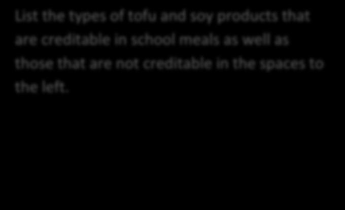 CREDITING OF TOFU AND SOY PRODUCTS What amount of tofu or soy yogurt credits as a one (1) ounce equivalent of the meat/meat alternate component? Individual Activity: 2.2 oz.